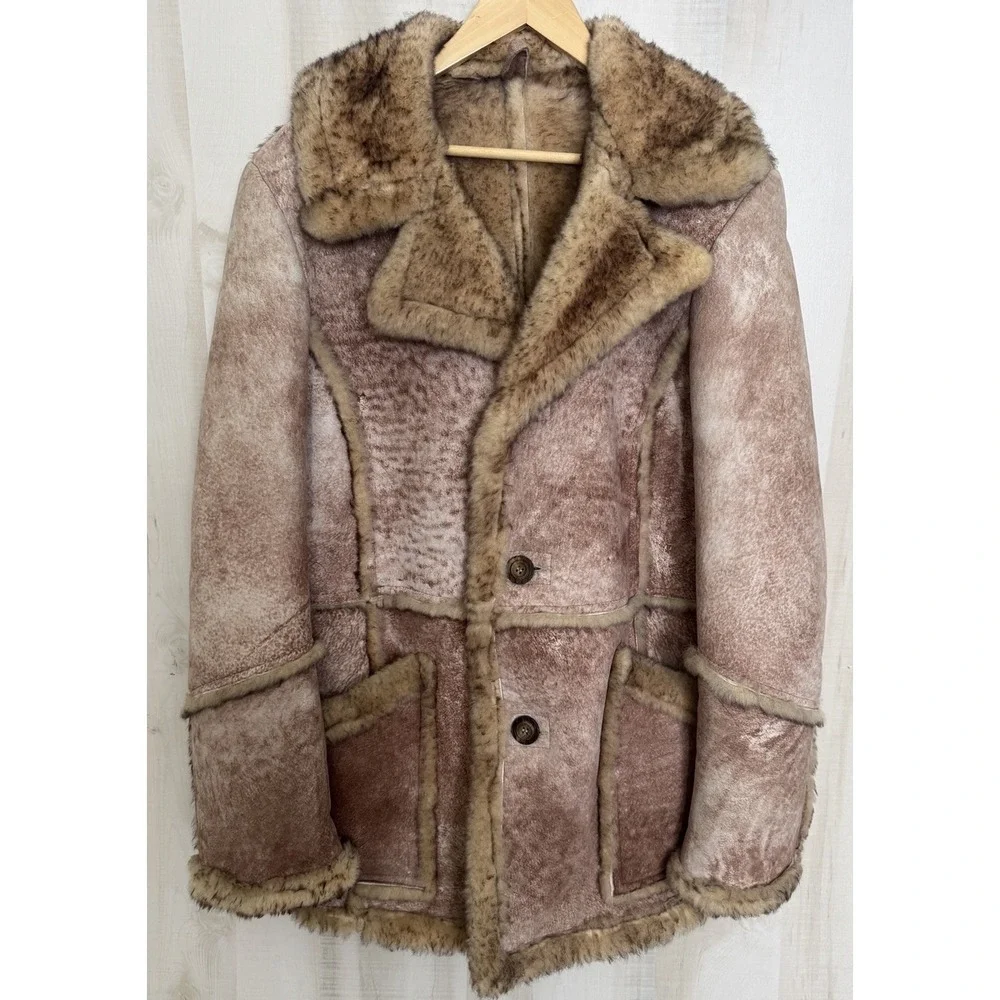 VTG 70'S Genuine Shearling Sheepskin Rancher Leather Coat Mens Size 40_2